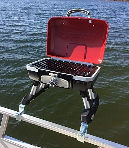 Cuisinart Grill Modified for Pontoon Boat with Arnall's Stainless Grill Bracket for Standard Railing with Open Fencing Set RED